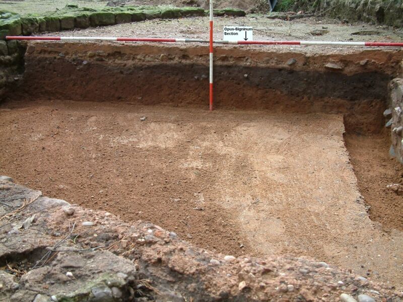 Plate 6. The sectioned floor. A thin crust at first gave the impression of good condition, however below the surface the concrete was powdery and crumbly. A black ashy deposit immediately below the floor, and against wall D of the 2nd C. villa, echoes the gently sloping ground to the left(east) of the wing. The walls are trench built.